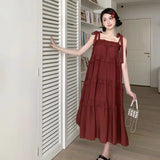 MQTIME  - Summer Korean Patchwork Solid Color Loose Sleeveless Slip Dress Femme Sweet Pleated Lacing Bow Princess Dress New Women Clothes