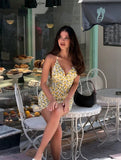 MQTIME  -  Sexy Printed Halter Dress Women Fashion V-neck Sleeveless Backless High Waist Slim Mini Dresses Summer Lady Vacation Robes