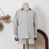  MQTIME  -  Children's Cotton Linen Buttons Black And White Striped Suit Autumn New Boys And Girls Long-Sleeved Shirt Drawstring Shorts Sets
