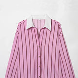 MQTIME  -  Vintage Pink Striped Women Casual Single Breasted Shirts Loose Turn-down Collar Shirt Fashion Spring Female Shirts