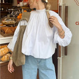 MQTIME  -  Casual Backless Bow T-Shirt Women's Top High Neck Lace-Up Lantern Sleeve Commute Loose Patchwork Fashion Female Top