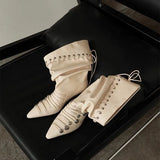  MQTIME  -  Autumn Winter Retro Soft Leather Weave Strap Women Ankle Boots Fashion Rivet Button High heels Slip-on Western Short Boots Shoes