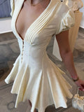 MQTIME  -  Women Solid Polka Dot Mini Dress Deep V Neck Puff Sleeve Pleated Front Button A-line Short Dresses Elegant Party Lady Gown