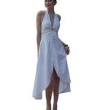  MQTIME  -  New Women's Clothing Neck Long Dress Waist Button Adjustment Holiday Style Dress Women