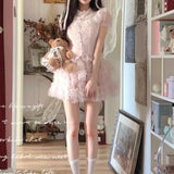 MQTIME  -  Sweet Japanese Summer Spliced O Neck Short Sleeve Thin Shirts Y2k Aesthetic Single Breasted All Match Blouse Cue Korean Tops