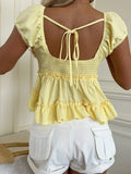 MQTIME  -  Women Summer Vacation Cute Elegant Yellow Frill Ruffle Trim Single Breasted Shirt Blouse Top Ladies Beach Holiday Daily Wear