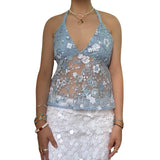 MQTIME  -  Summer Sexy Sequin Embroidery Glitter Tops Women V Neck See Through Sleeveless Backless Tops Female Lady Solid Party Streetwears