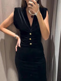 MQTIME  -  V-Neck Velvet Long Dresses Pleated Sexy Wide Shoulder Strap Waist Cinching Slim Fit Sleeveless Robes Gold Button Trend Dress