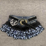  MQTIME  -  Summer Vintage Gothic Denim Skirt Women Y2K Punk Fashion Leopard Print Mini Skirt Grunge Streetwear Fur Patchwork Clothes New