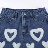 MQTIME  -  Y2k Vintage Party Club Streetwear Mini Skirts Bodycon Clothes 2024 Fashion Harajuku Women Lovely Heart Print A Line Denim Skirt