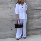 MQTIME  -  Casual Cotton Linen Solid Color Outfits Elegant V-neck Pullover & Long Pant Suit Women Fashion 3/4 Sleeve Street Loose 2Pc Sets