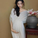 MQTIME  -  Women Maternity Photoshoot French White Elegant V-neck Off-shoulder Dress for Pregnancy Studio Photoshoot Clothing Fotografia