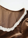 MQTIME  -  New Brown Gold Velvet Lace Elastic Cuffs Long Sleeve Casual Dress French Elegant Cocktail Luxury Party Dress Slim Pleated Skirt