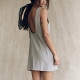 MQTIME  -  Cotton and Linen Short Dress Backless Solid Color Mini Dress Round Neck Open Back Beach Dress Boho Vestidos