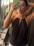MQTIME  -  Lady Jewelry Necklace Jumpsuit Golden Circular Hanging Neck Deep V Collar Sexy Backless Fashion Bodysuit Siamese Women's Clothes
