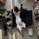  MQTIME  -  New Elegant and Temperamental Hot Girl Photo Shoot Low-cut Dress with Sexy Waist and Backless Fishtail Dress