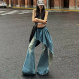 MQTIME  -  Blue fake two-piece jeans female autumn and winter 2024 new retro niche design sense irregular skirt flared pants wide-leg pants