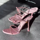 MQTIME  -  Rhinestone Hollow Sandals Temperament Loop Trip Cross Strap High Heels Open Toe Buckle Stiletto Single Shoes