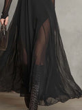  MQTIME  -  Women's O Neck Mesh Patchwork Maxi Dress Long Sleeve Solid Sexy Chic Party Dress for Spring Autumn Holiday Fashion Ladies Dress