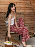 MQTIME  -  Bohemian Red Printed Beach Pants, Women'S Retro Ethnic Style High Waisted Slim Fit Vacation Wide Leg Long Pants