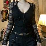 MQTIME  -  Women's Gothic Solid Color Lace Tops Long Sleeve Sexy V Neck Tie-up Front Slim Fit T-Shirts Blouses Club Streetwear