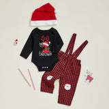 MQTIME  -  Toddler Boy Holiday Outfit Set with Letter Print Romper Plaid Suspender Pants and Matching Hat - 3 Piece Christmas Ensemble