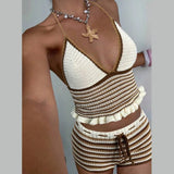 MQTIME  -  Color Patchwork Knitted Vacation Beach 2 Piece Set Women Sexy V-neck Lace Halter Backless Ruffles Camis Crop Tops + Shorts Suit