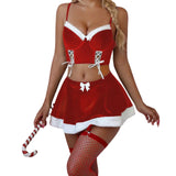 MQTIME  -  Women s Red Lace Halter Neck Babydoll Lingerie Set with G-String Thong and Matching Thigh High Stockings for Christmas Festive