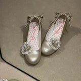 MQTIME  -  Japanese Vintage Gothic Style Lolita Shoes Women Sweets Polka Dot Print Lace Bow Metal Button Mary Jane Shoes Fashion Wedge Heel