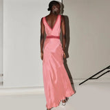 MQTIME  -  Deep V Neck Dress For Women's Sleeveless High Waist Long Dresses Street Casual Party Elegant Sexy Evening Dress Female