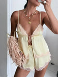 MQTIME  -  Women's Lace Patch Strap Shorts Set Backless Slim Shoulder Strap Top Y2k Elastic Waistband Shorts Suit Summer Vacation Sexy Wear