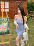 MQTIME  -  Large size three-dimensional small flower spicy girl mesh camisole dress sexy tight short skirt+knitted top  for women