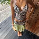 MQTIME  -  Fashion Leopard Skirt Set Women Sexy V-neck Sleeveless Cropped Slim Vest Asymmetrical Midi Skirt Suit Lady Vacation Outfits