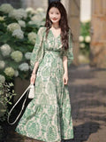 MQTIME  - Women's Vintage Floral Print V-Neck Dress Female One-Piece Clothes French Lady A-Line Elegant Chic Maxi Dresses New 2024
