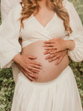  MQTIME  -  Maternity Photoshoot Outfit V-Neck Long-Sleeved Sexy Wrap Top Side-Slit Long Skirt Set Pregnant Woman For Baby Shower