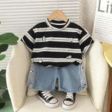 MQTIME  -  2Piece Sets Summer Toddler Boy Outfits Korean Fashion Stripe Cartoon Short Sleeve Baby Tops+Denim Shorts Kids Clothes BC2129
