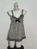 MQTIME  -  American Vintage Y2K Grey Lace Bow Heart Leopard Print Slip Dress Women Summer Slim Fit Spaghetti Strap Mini Dresses