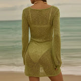 MQTIME  -  Twist Knitted Hollow Ups Women Fashion Solid V-Neck Crochet Pullover Dress Casual Vacation All Match Long Sleeve Mini Dress