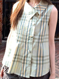  MQTIME  -  Preppy Japanese Turn Down Collar Sleeveless Single Breasted Plaid Women Shirt