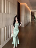 MQTIME  -  Woman Dress Sleeveless Satin V Neck Lace Patchwork Bandage Sexy Elegant Backless Mermaid Dresses Party Female Fashion