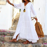 MQTIME  -  Summer Loose Long Sleeve Dress Casual Single Breasted Holiday Dresses Women's V Neck Pattern Printed Bohemian Style