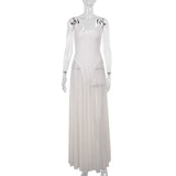 MQTIME  -  Metal Buckle Sheer Mesh Bodysuits Patchwork Maxi Party Dress Women Elegant V Neck Spaghetti Straps Backless Birthday Long Robe