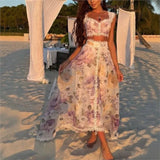 MQTIME  -  Street Flower Printed Women's Vest Skirts Suit Sleeveless Crop Top Long Skirt Lady Set Summer Autumn Female Outfits