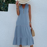 MQTIME  -  Solid Color Straight Tank Dress Sleeveless Holiday Viscose Maxi Dress Button Up V Neck Boho Dress Vacation Robes