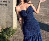 MQTIME  -  Strapless sexy spicy girl style casual versatile pure desire style slit dress plaid skirt