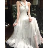 MQTIME  -  Summer Luxury Long Dresses Strapless Hanging Neck Party Dress Sleeveless Slim A-line Women White Mesh Dress