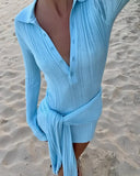 MQTIME  -  Chic Long Sleeved Lapel Tie Women Mini Dress V-neck Button Slim Hip Package Short Dresses 2025 Spring Summer Lady Party Vestidos