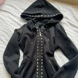  MQTIME  -  Y2K New Emo Fashion Rivet Zipper Hoodie Women Harajuku Black Oversized Hoodie Gothic Retro Classic Sweatshirt Autumn Clothing
