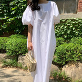 MQTIME  -  Chic Summer Vintage Lazy Sle round Ne Side ket Loose Lantern Sve Long Casual Dr Women Korean Loose Waist