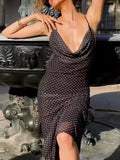  MQTIME  -  Polka Dot V-Neck Long Dress for Women Backless Lace-Up Sexy Deep V Neck Gown Summer Fashion Club Wear Ladies' Elegant Gown